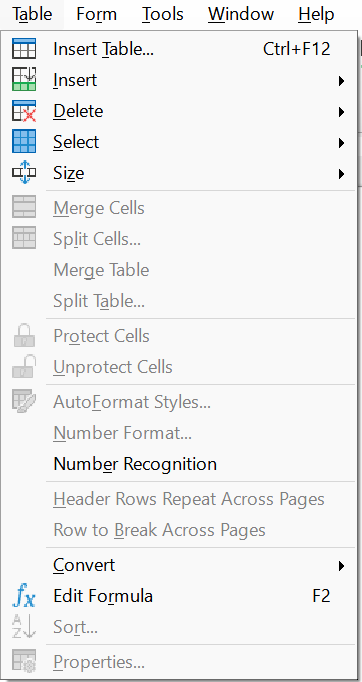 Table Menu of libre office writer