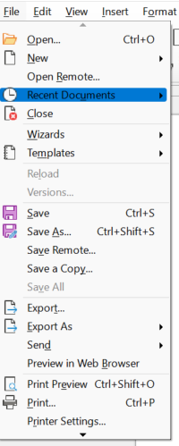 file menu bar of libre office